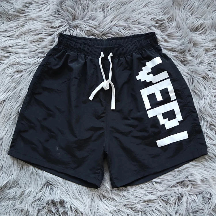 HL factory wholesale streetwear heavyweight letter print polyester shorts men custom baggy cargo sports shorts drawstring shorts