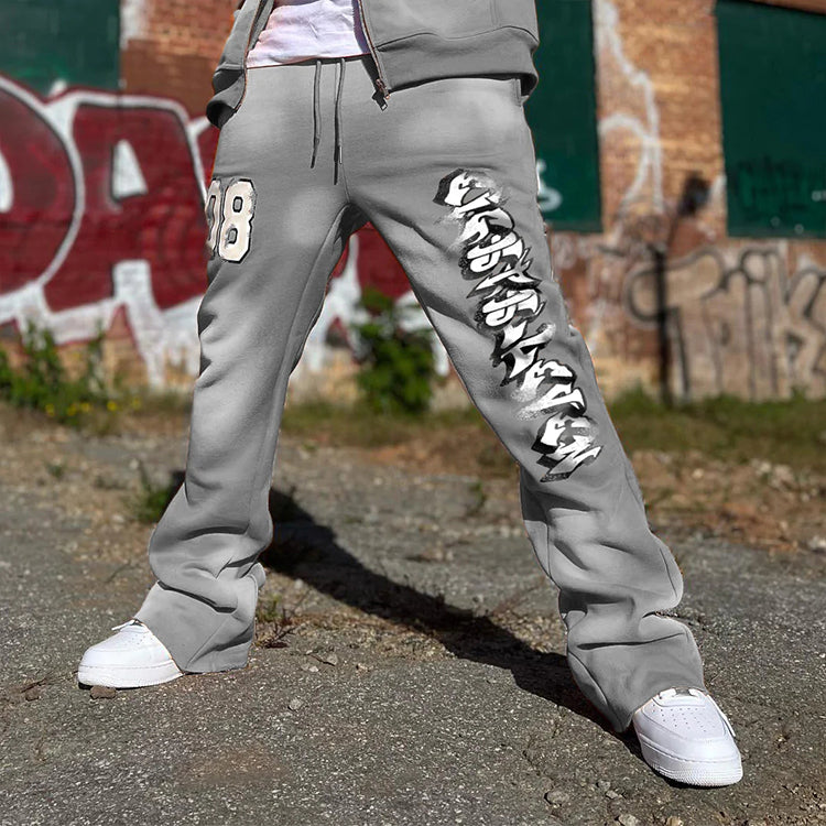 HUILI FACTORY heavyweight french terry sweatpants men faded print streetwear stacked flare sweatpants