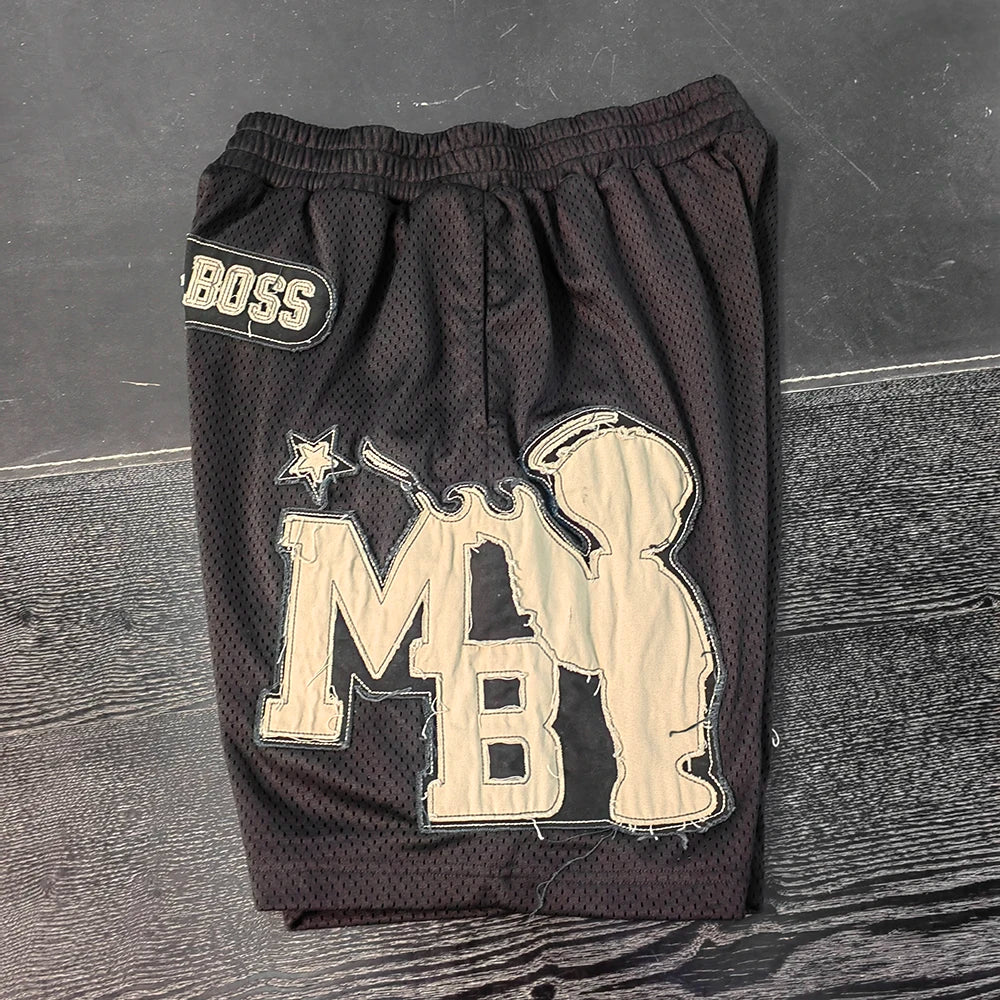 Huilin Summer New Style Heavyweight Mesh Streetwear Shorts Men Custom Applique Embroidery Patched Sports Basketball Shorts