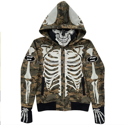 Men's clothing manufacturer zip up hoodie jacket men custom skeleton printed masked ninja jacket hooded spring streetwear jacket