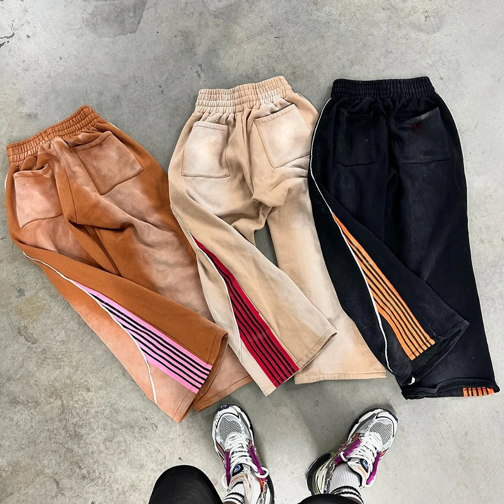 Huilin Oem Wholesale Winter Heavyweight Cotton Track Pants Men Custom Sunfaded Vintage Washed Striped Wide Leg Flared Sweatpants