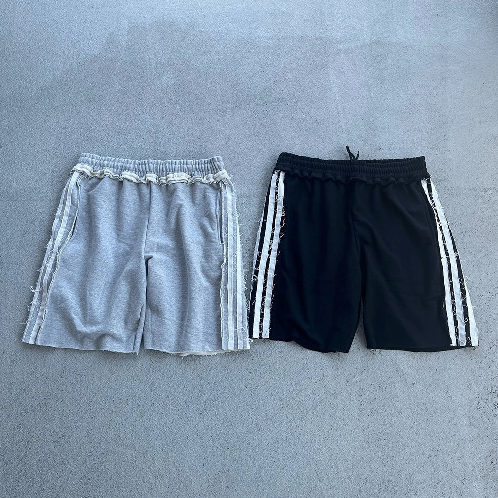 Huilin Oem Heavyweight Cotton French Terry Shorts Custom Striped Side Men Distressed Raw Hem Wide Leg Streetwear Sweat Shorts