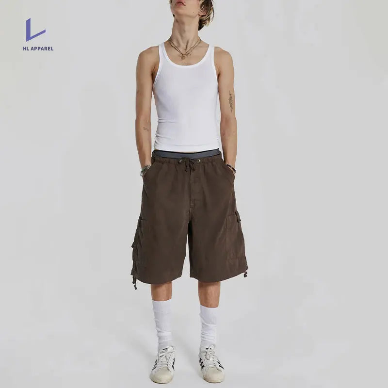 Huilin Clothing Factory 100% Cotton Shorts Pants Men Oversized Wide Leg Shorts Custom Big Pocket Streetwear Baggy Cargo Shorts