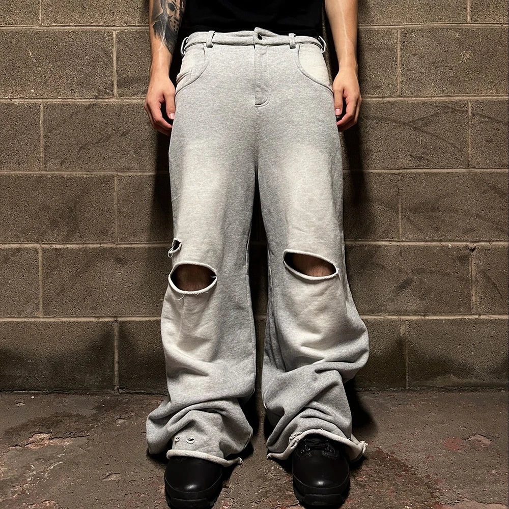 Huilin Oem Wholesale Distressed Washed Thick Cotton Track Pants Trousers Custom Baggy Wide Leg Men Vintage Sweatpants