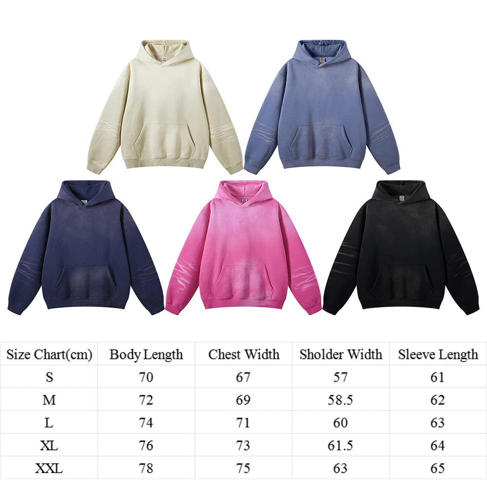 Huili Low Moq Unisex Oversized Fit 375 Gsm Thick Cotton Hoodies Pullover Men Sun Faded Vintage Washed Heavyweight Hoodie