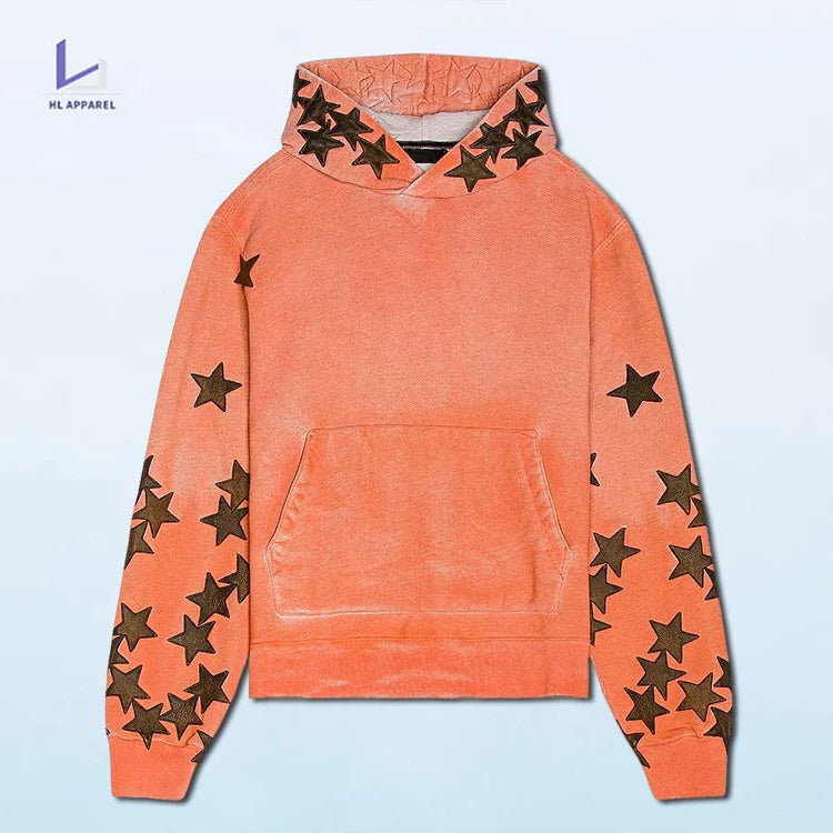 HL manufacturer wholesale men retro applique embroider garment dyed streetwear custom vintage washed star patch embroidery hoody