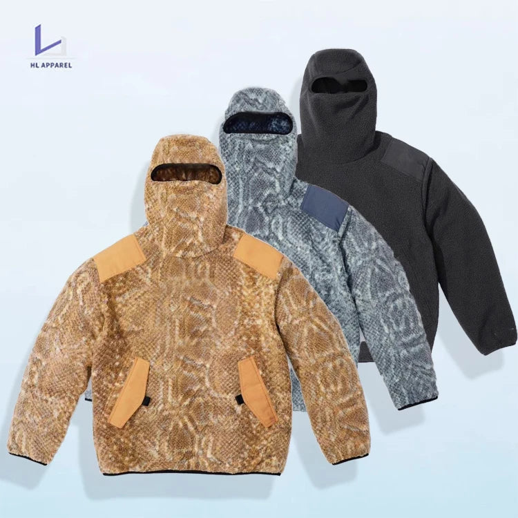 HL manufacturer wholesale winter wool warm snake pattern hoodie custom sherpa patchwork full face mask hoodie with eye holes