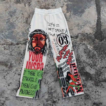 Heavy Cotton Vintage Sweatpants Loose Fit Wide Leg Men Allover Printed Baggy Graphic Sweatpants