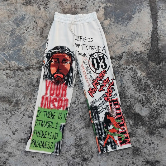 Heavy Cotton Vintage Sweatpants Loose Fit Wide Leg Men Allover Printed Baggy Graphic Sweatpants
