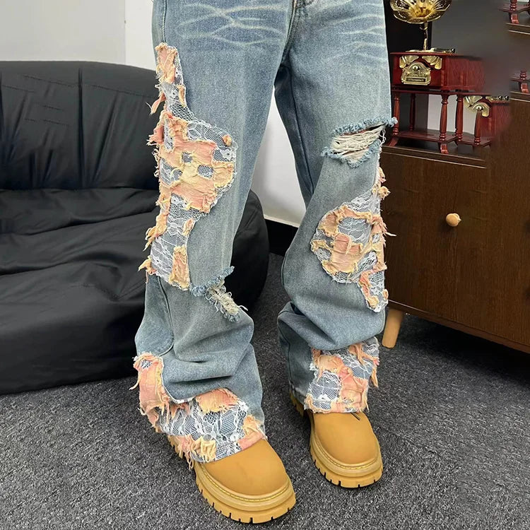 High Quality Street Fashion Styles Lace Distressed Patchwork Jeans Men Loose Fit RIpped Straight Leg Faded Lace Patched Jeans