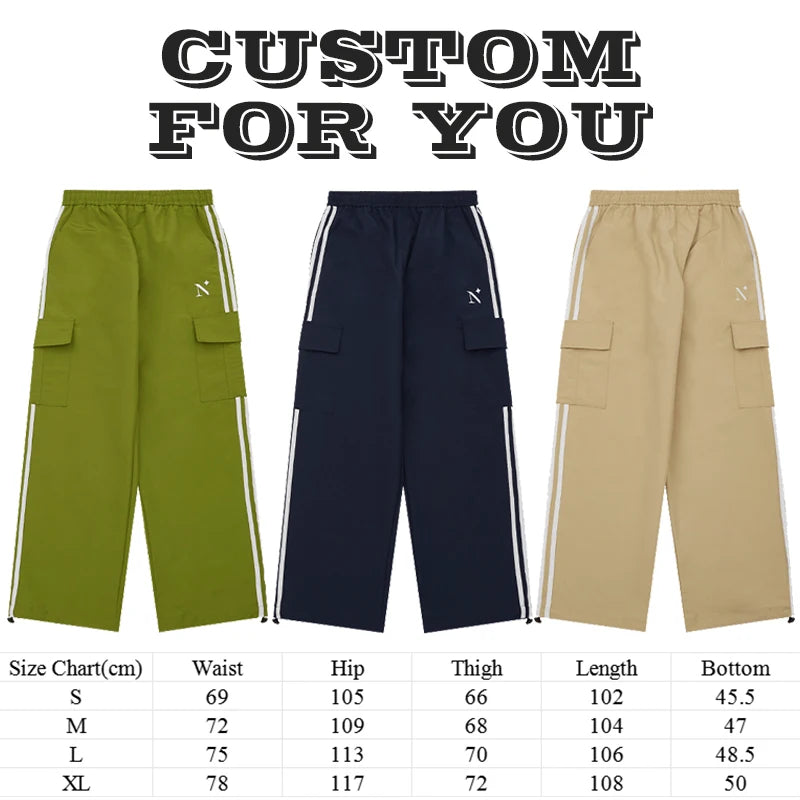 Huilin New Trend Streetwear Polyester Cargo Parachute Pants Side Striped Men Custom Baggy Wide Leg Oversized Track Pants