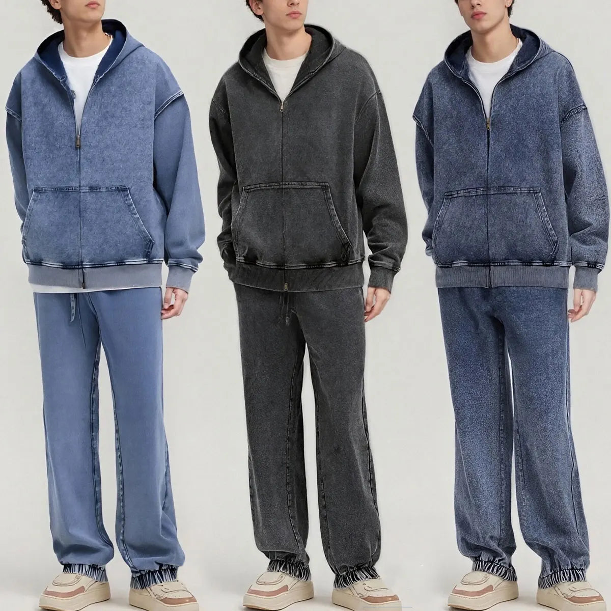 Vintage Fashion Supplier Low MOQ Acid Wash Washed Blank Custom Print Mens Loose Fit Sweatsuit Set