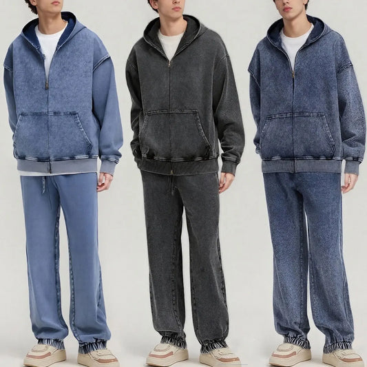Vintage Fashion Supplier Low MOQ Acid Wash Washed Blank Custom Print Mens Loose Fit Sweatsuit Set
