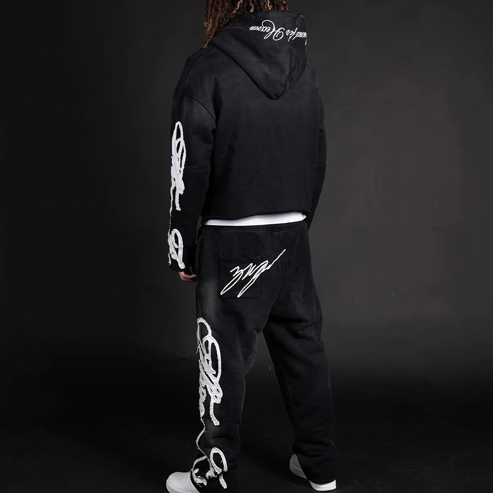 Huilin Heavyweight Vintage Washed Streetwear Sweatsuits Custom Logo Embroidery Patched Men Two Piece Hoodie Sweatpants Sets