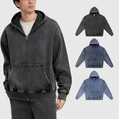 Vintage Fashion Supplier Low MOQ Acid Wash Washed Blank Custom Print Mens Loose Fit Sweatsuit Set