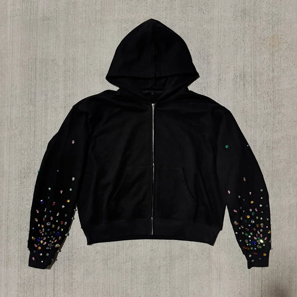 Manufacturer Oem Heavy Weight French Terry 100% Cotton Hoodies Custom Zip Up Men Gemstone Decorated Rhinestone Hoodie