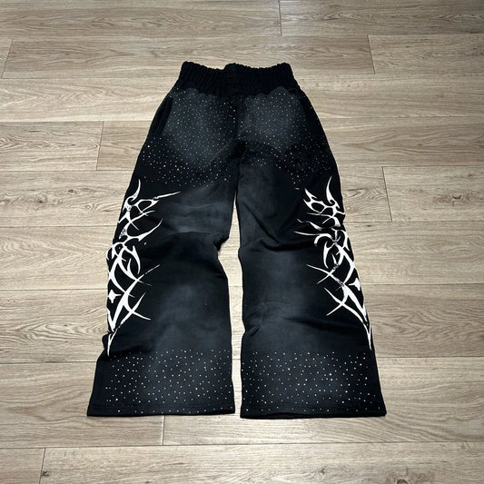 Huili Custom Logo Printing Heavyweight Cotton Streetwear Track Pants Men Oem Vintage Washed Rhinestone Wide Leg Baggy Sweatpants