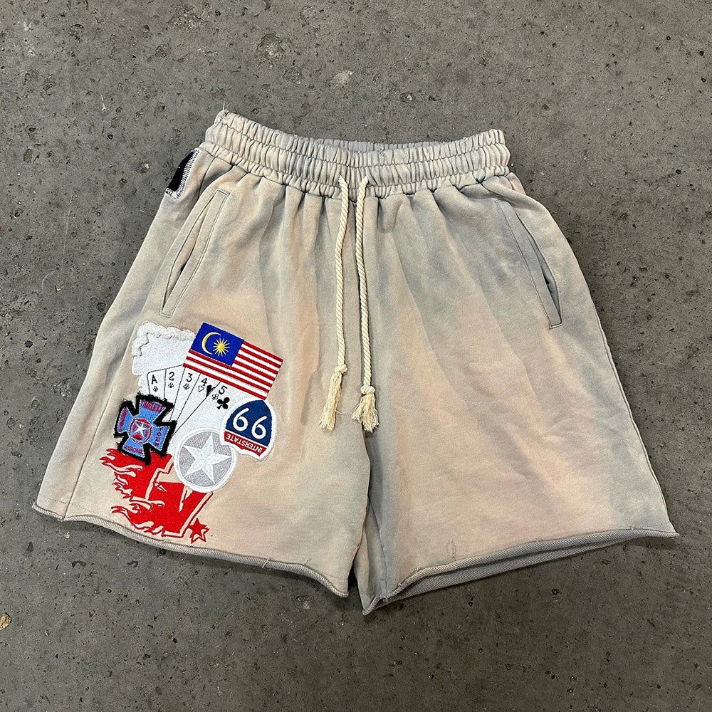 Huilin Manufacturer Sunfaded Acid Vintage Washed Thick Cotton Shorts Men Custom Logo Embroidery Patched Raw Hem Sweat Shorts