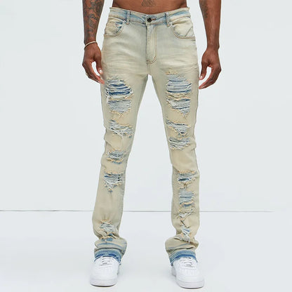 High Quality Distressed Slim Fit Jeans Light Wash Ripped Stacked Denim Jeans Men Skinny Flare Jeans Custom