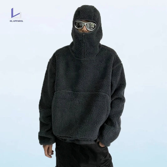 HL manufacturer wholesale black sherpa winter thick half zip cover face hoodie custom full face zip 400 gsm cotton fleece hoodie