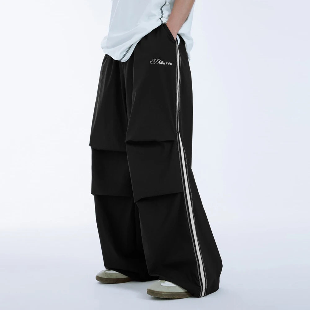 Huilin Custom Double Knee Wide Leg Cargo Track Pants Men Contrast Stitching Oversized Fit Baggy Parachute Pants