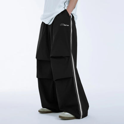 Double Knee Wide Leg Cargo Track Pants Men Contrast Stitching Oversized Fit Baggy Parachute Pants