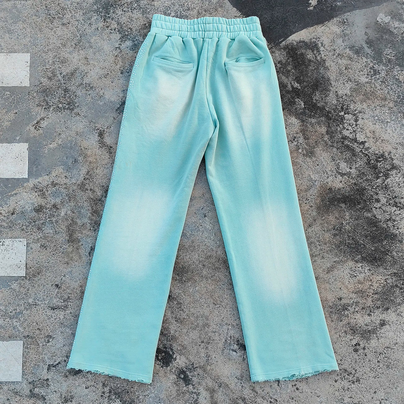 Vintage Washed Thick Cotton French Terry Sweat Pants Mens Custom Side Rhinestone Wide Leg Sunfaded Sweatpants