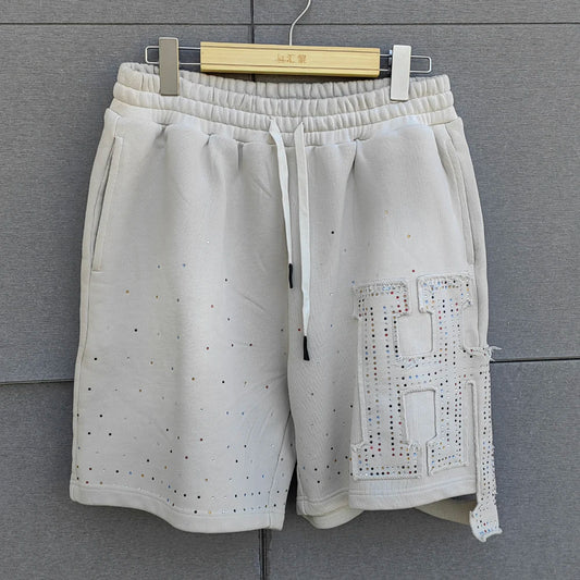 Huilin Oem Custom Distressed Applique Patch Embroidery French Terry Shorts Pants Sunfaded Washed Men Rhinestones Sweat Shorts