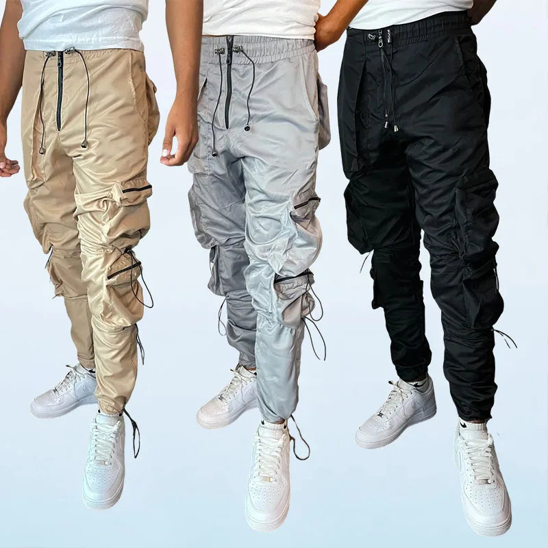 HL Manufacturer Wholesale Nylon Multi Side Pocket Joggers Custom Elastic Adjustable Leg Ruched Slim Fit Nylon Cargo Pants Men