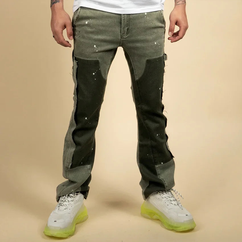 Men's Casual Denim Pants Custom Designer Style Carpenter Jeans Green Slim Fit Stack Flare Jeans Men