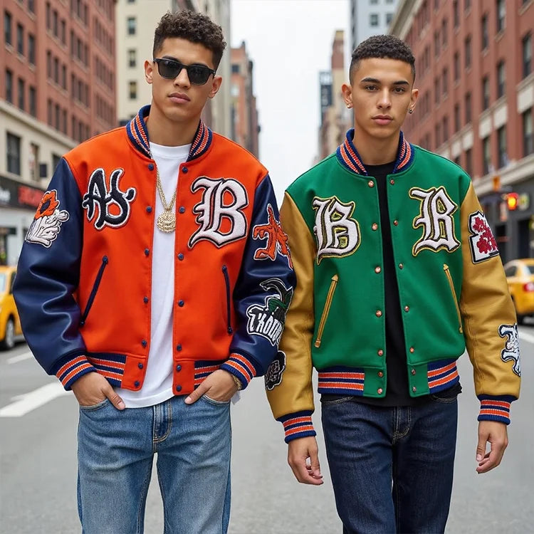 Streetwear Fashion Letterman Jacket Colored cotton Factory Custom Contrast Color Patchwork Custom Varsity Jacket Men