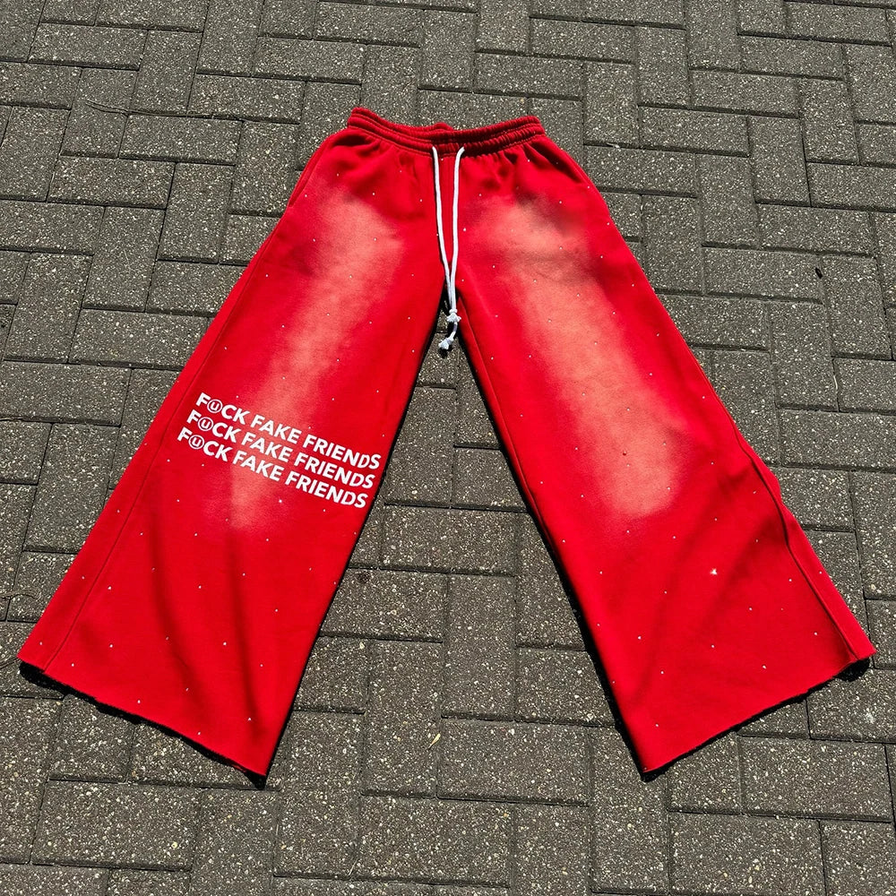 Huilin Oem Sunfaded Washed Unisex Oversized Thick Cotton Pants Custom Logo Printed Men Rhinestone Baggy Wide Leg Sweatpants