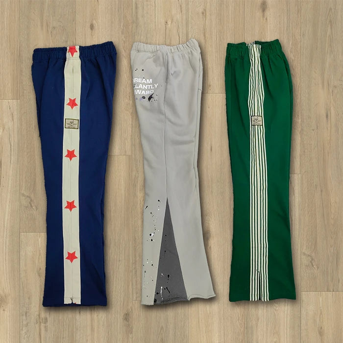 Factory Oem Odm Oversized Wide Leg Men Sports Jogger Sweatpants Custom Logo Embroidered Webbing Trimmed Side Track Pants