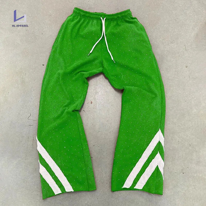 Huilin Factory Oem Custom Wide Leg Flared Sweatpants Men Rhinestone Drawstring Waist Raw Hem Sweatpants