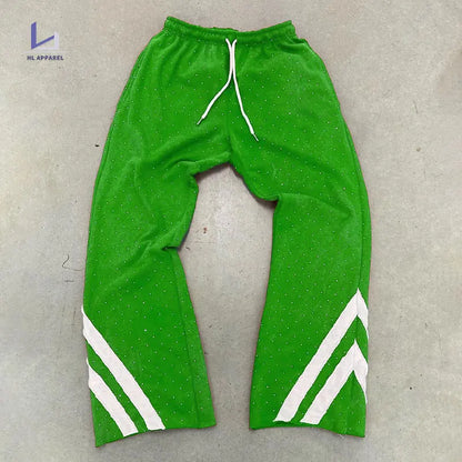 Factory Oem Custom Wide Leg Flared Sweatpants Men Rhinestone Drawstring Waist Raw Hem Sweatpants