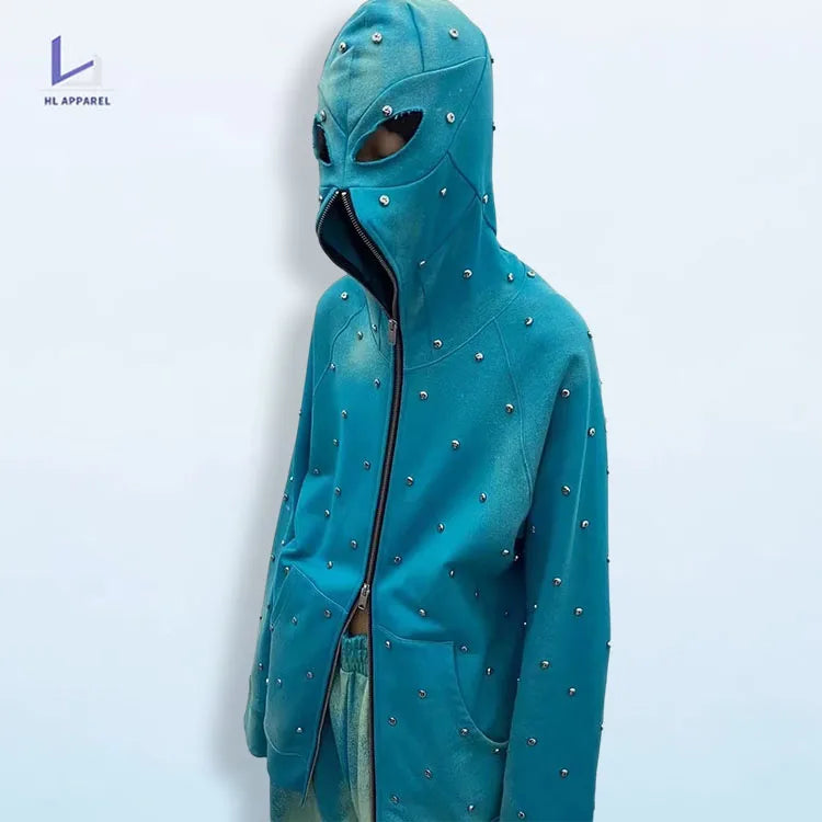 HL manufacturer wholesale winter spike rivet thick hoodie jacket OEM custom rhinestone full face zip up hoodie with eye holes