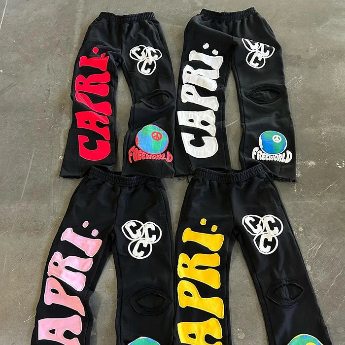 Huilin Oem Custom Logo Printing Flared Sweatpants Men Distressed Embroidery Logo Patched Sun Faded Vintage Washed Sweatpants