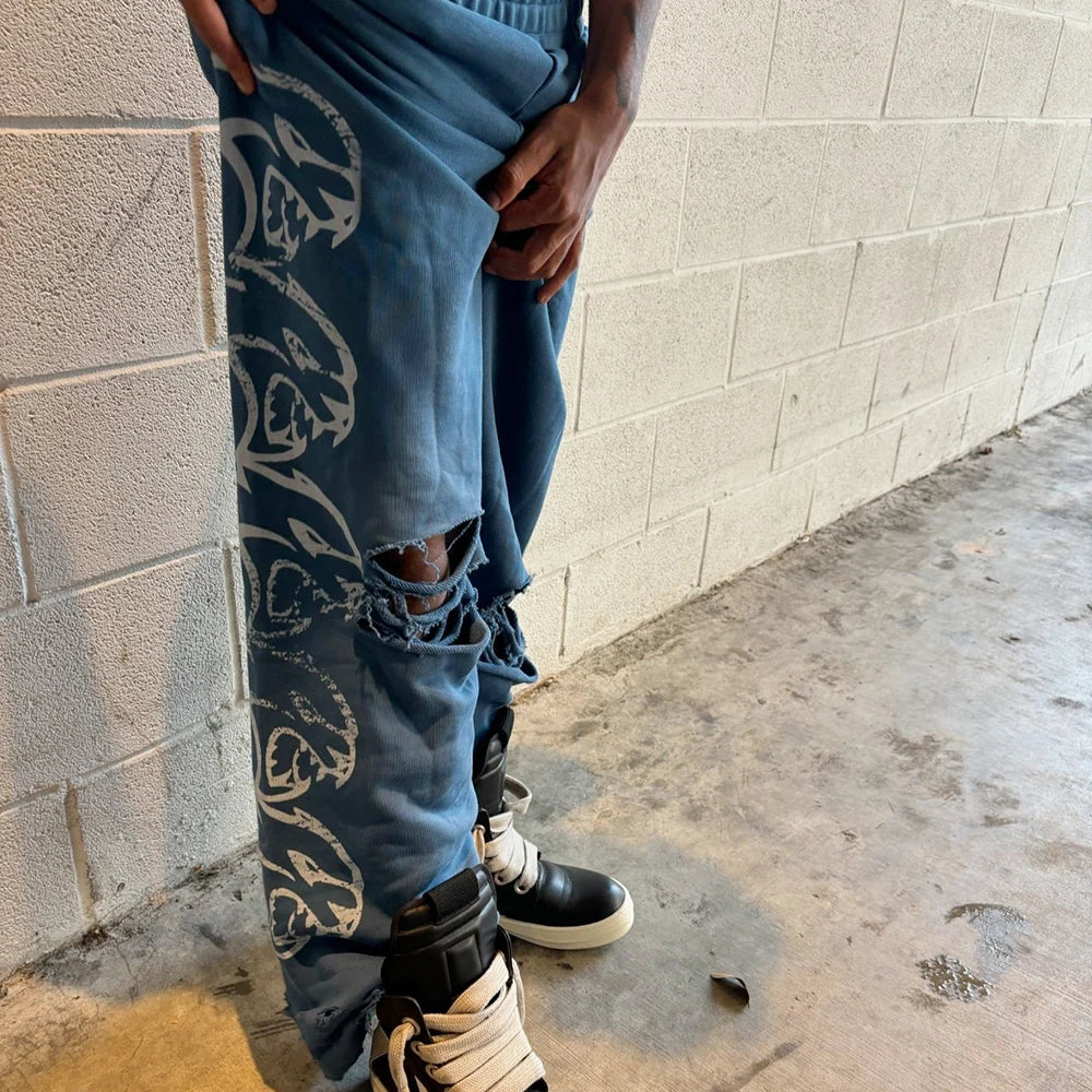 Oem Distressed Vintage Washed Ripped Bottom Track Pants Men Custom Logo Screen Printing Thick Cotton Wide Leg Sewatpants