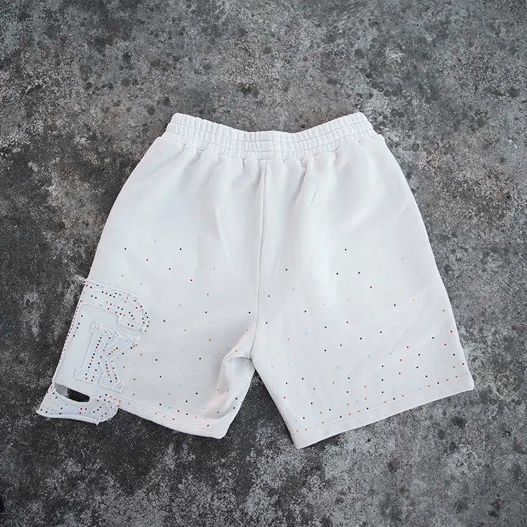 Huilin Custom Distressed Applique Patch Embroidery Thick Cotton French Terry Shorts Men Sunfaded Washed Rhinestone Sweat Shorts