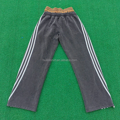 Oem Acid Vintage Washed 100% Cotton Sweatpants Striped Side Men Custom Zipper Bottom Wide Leg Double Waisted Sweatpants