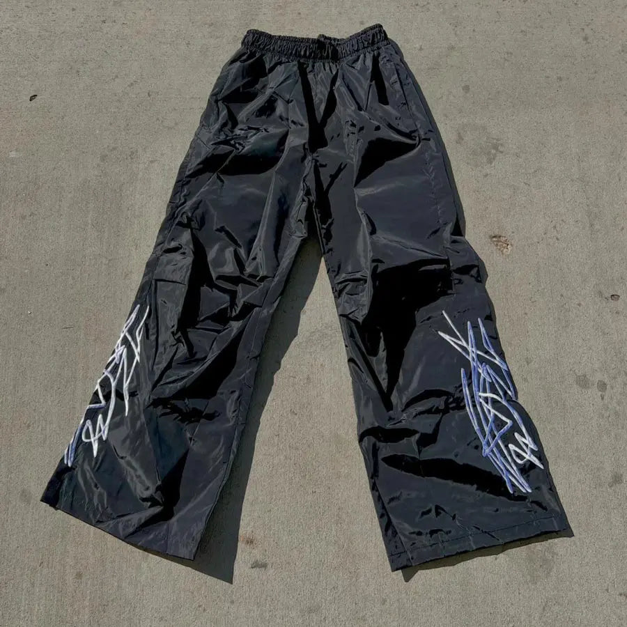 Huili Oem Wholesale Elastic Waist Nylon Track Sweatpants Men Custom Printing Logo Straight Wide Leg Baggy Track Pants