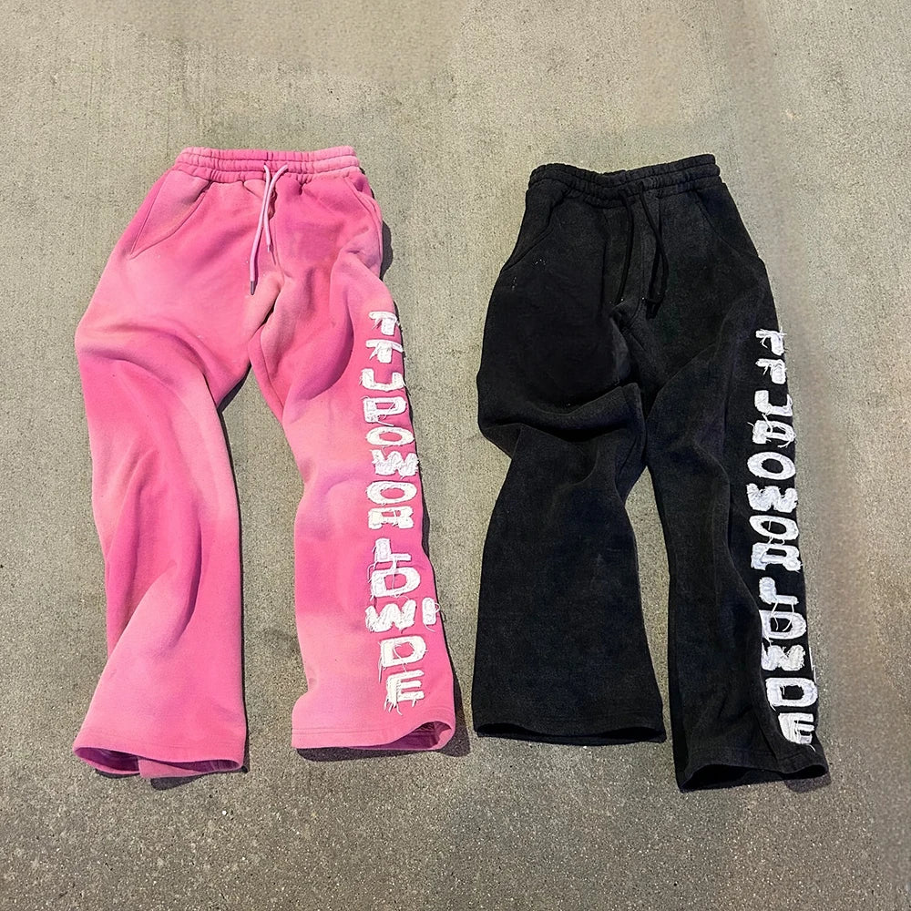 Huilin Winter Thick Cotton Sweat Pants Joggers Custom Logo Printed Men Sunfaded Vintage Heavyweight Baggy Wide Leg Sweatpants