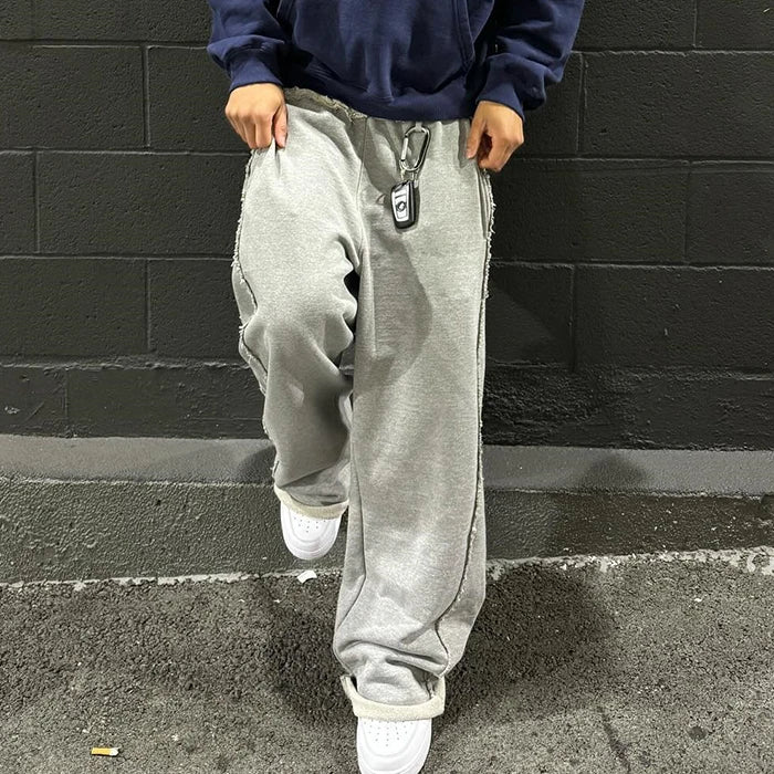 Huilin New Arrival Loose Fit Unisex Wide Elastic Waist Jogger Sweatpants Raw Edge Wide Leg Men Oversized Baggy Sweatpants