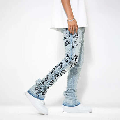 High Quality Customized Skinny Jeans Frayed Raw Edges Alphabet Embroidery Stacked Jeans Men