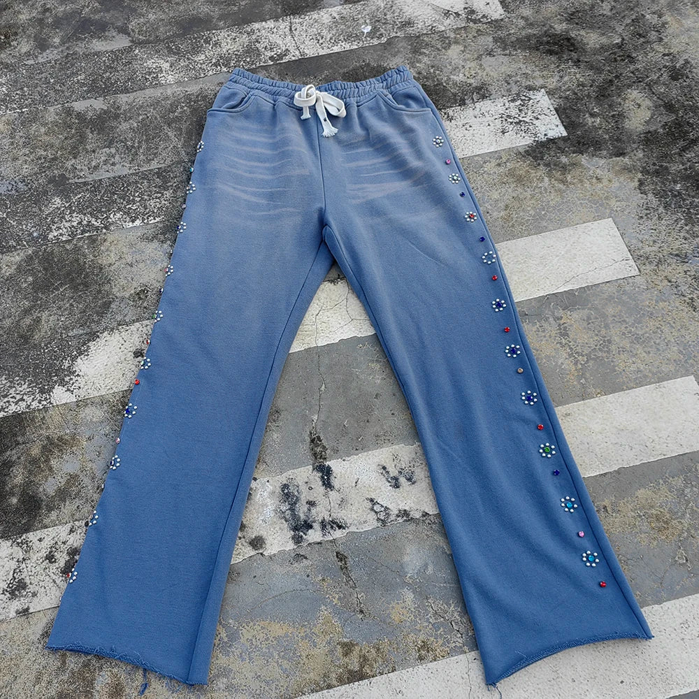 Huilin Oem New Style Heavyweight Cotton Sweat Pants Custom Rhinestone Sunfaded Washed Men Wide Waistband Baggy Sweatpants