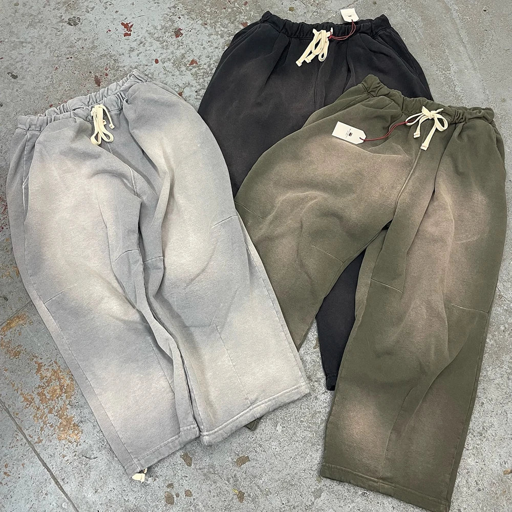 Huilin Factory New Custom Winter Thick Cotton Vintage Washed Sweat Pants Wide Leg Men Snap Button Side Sun Faded Sweatpants