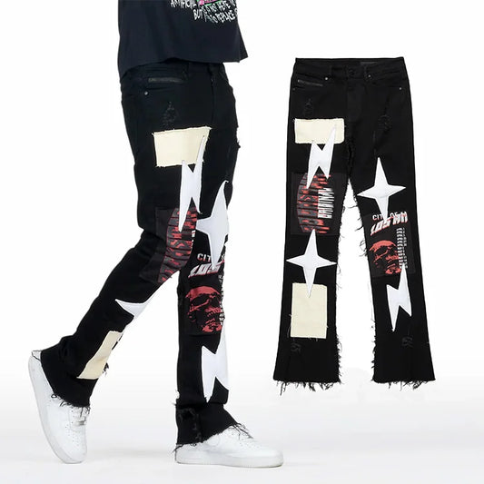 Manufacturer Custom Frayed Raw Edges Patchwork Stacked Flare Jeans Embroidery Print Patch Denim Pants For Men