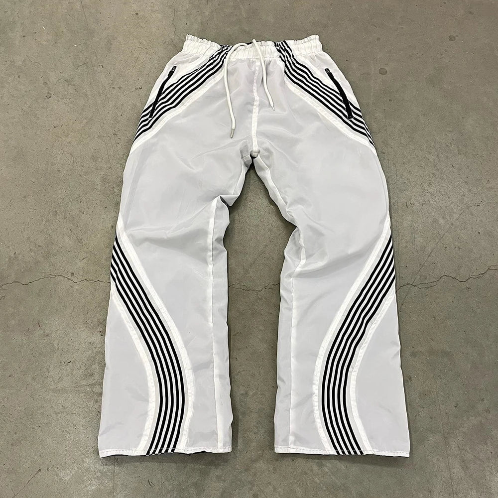 Huilin OEM Streetwear Unisex Sportswear Pants Trousers Custom Striped Trimmed Reversible Straight Wide Leg Men Track Pants