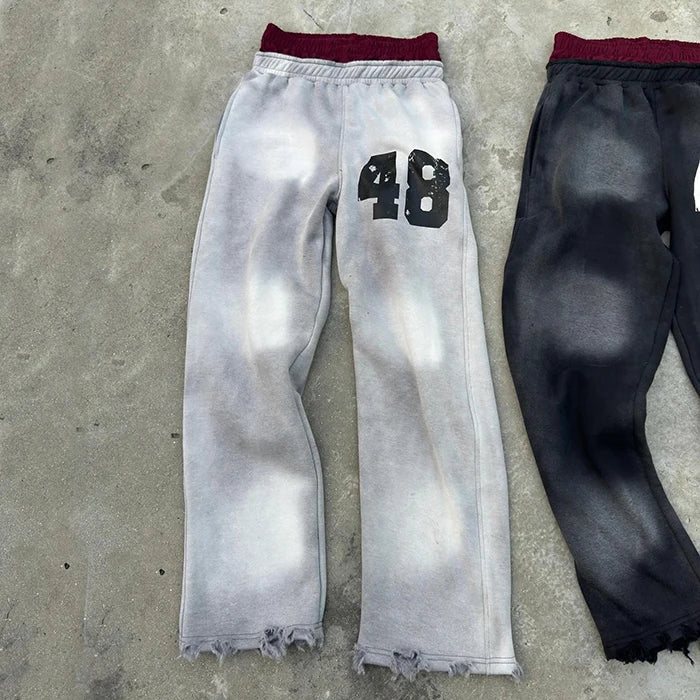 high quality custom printing logo distressed acid wash flared sweat pants men sun faded washed baggy double waisted sweatpants