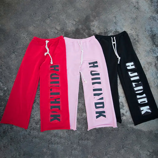 Huilin Custom Logo Printing Wide Leg Thick Cotton Track Jogger Pants Heavyweight Raw Hem Bottom Men Rhinestone Baggy Sweatpants